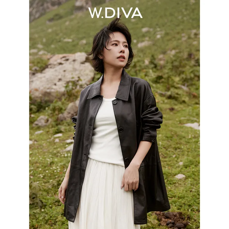 W.Diva【宣情】春季黑色土耳其进口羊皮港风夹克皮衣外套51C211485