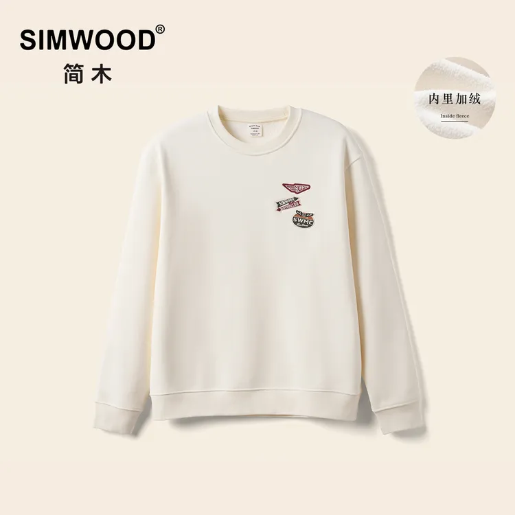 SIMWOOD/简木【宽松版】机车logo徽章刺绣加绒圆领卫衣男S21250687