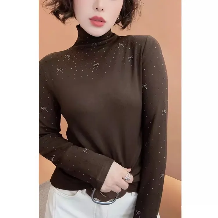 半高领长袖打底衫女2025秋冬新款韩版时尚烫钻洋气百搭修身上衣潮