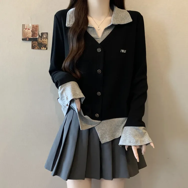 大码女装遮肚子设计感假两件长袖打底衫女春秋胖妹妹显瘦正肩上衣