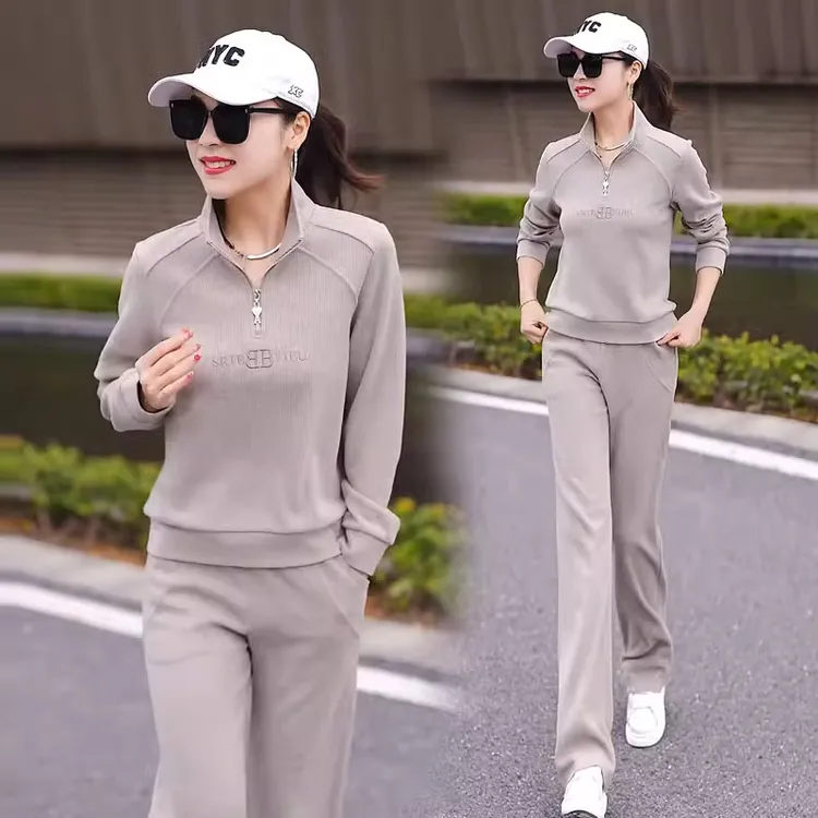 休闲运动服套装女春季新款时尚宽松立领卫衣阔腿裤显瘦减龄两件套