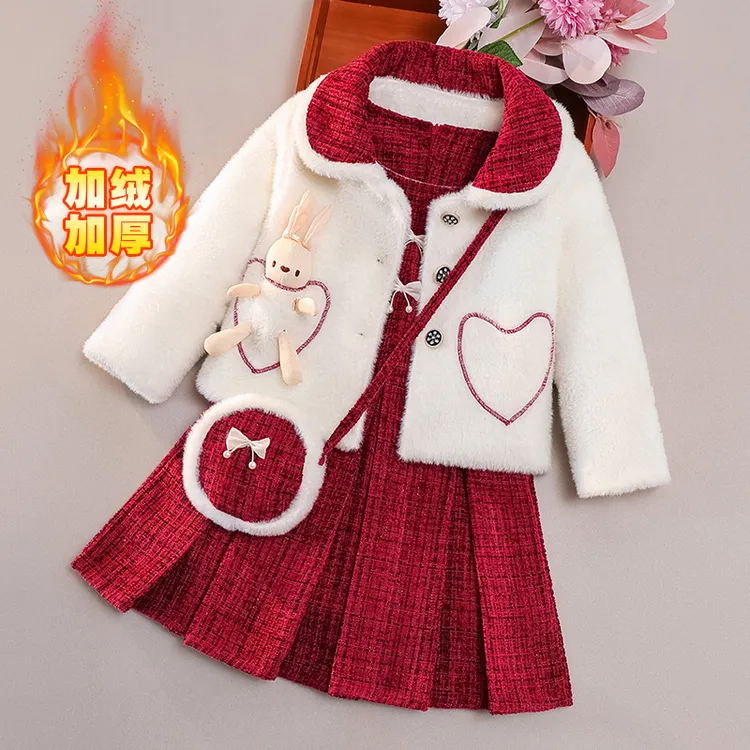 女童冬装加厚连衣裙冬裙秋冬洋气儿童女孩公主裙冬季套装裙过年裙