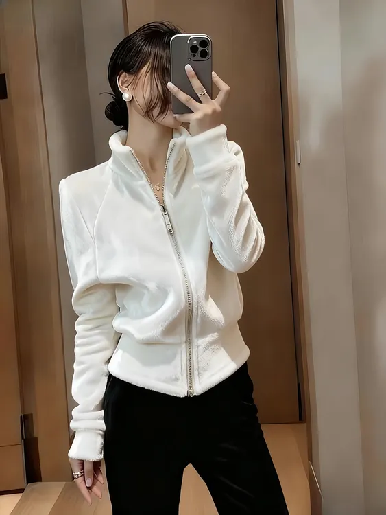 小个子白色立领短款丝绒外套2025秋冬新款超好看气质掐腰外穿上衣