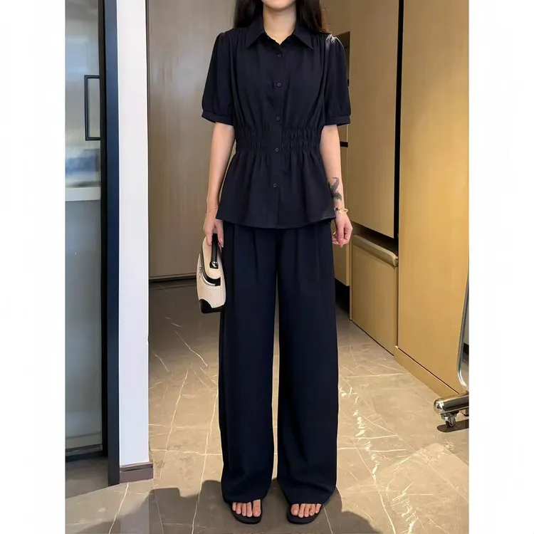 【XINRU心如】时尚套装女收腰短袖衬衫宽松阔腿裤减龄休闲两件套