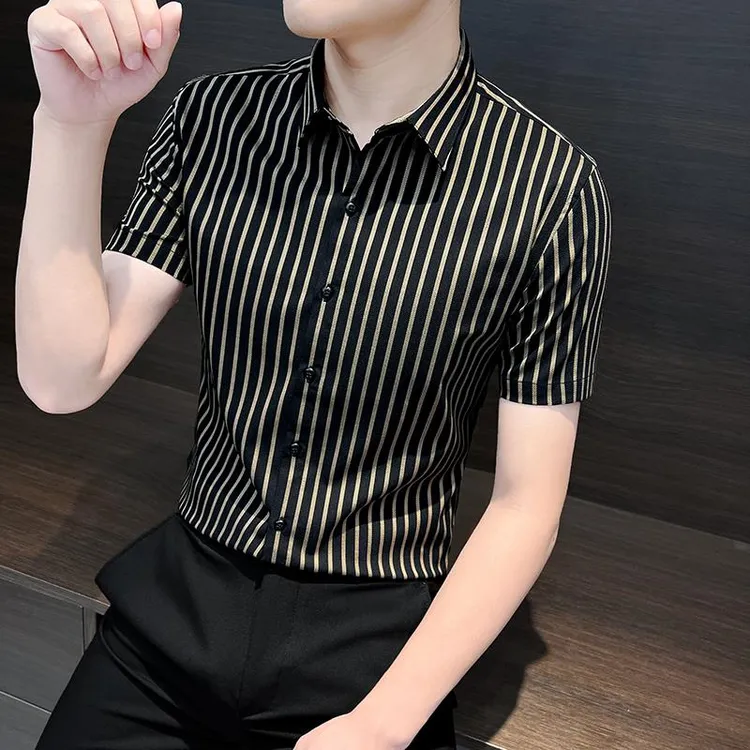 短袖商务休闲衬衫男高端条纹夏季冰丝装2025新款夏天薄款衬衣款