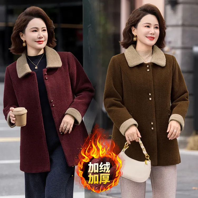 妈妈装保暖水貂绒外套加绒加厚中长款大衣时尚奶奶冬装中老年女装