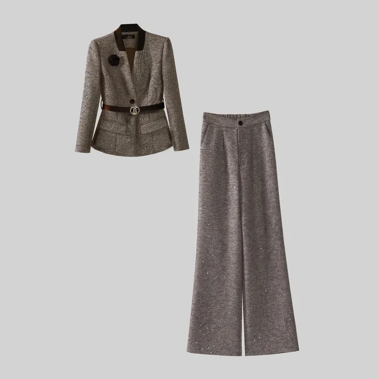 【纪朵研】8120#秋冬季新款时尚显瘦西装套装休闲外套阔腿裤两件套