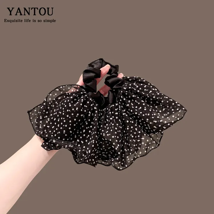 法式超仙褶皱网纱波点大肠圈双层布艺发圈芭蕾风发饰发绳新款头饰