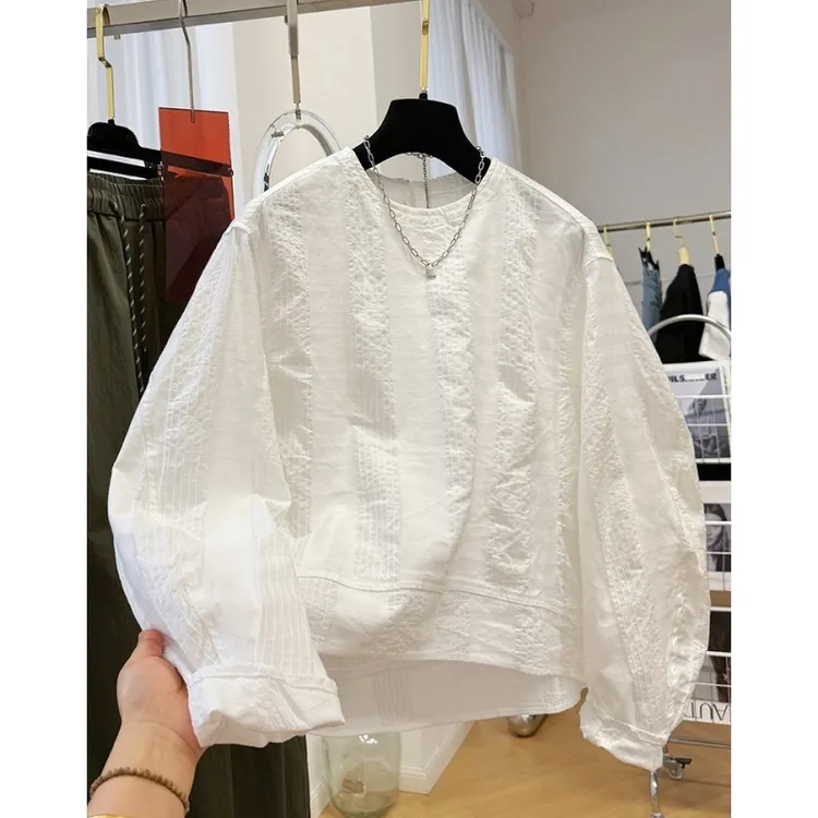 高级感韩系独特别致圆领长袖衬衫女春秋法式小衫超好看肌理感上衣