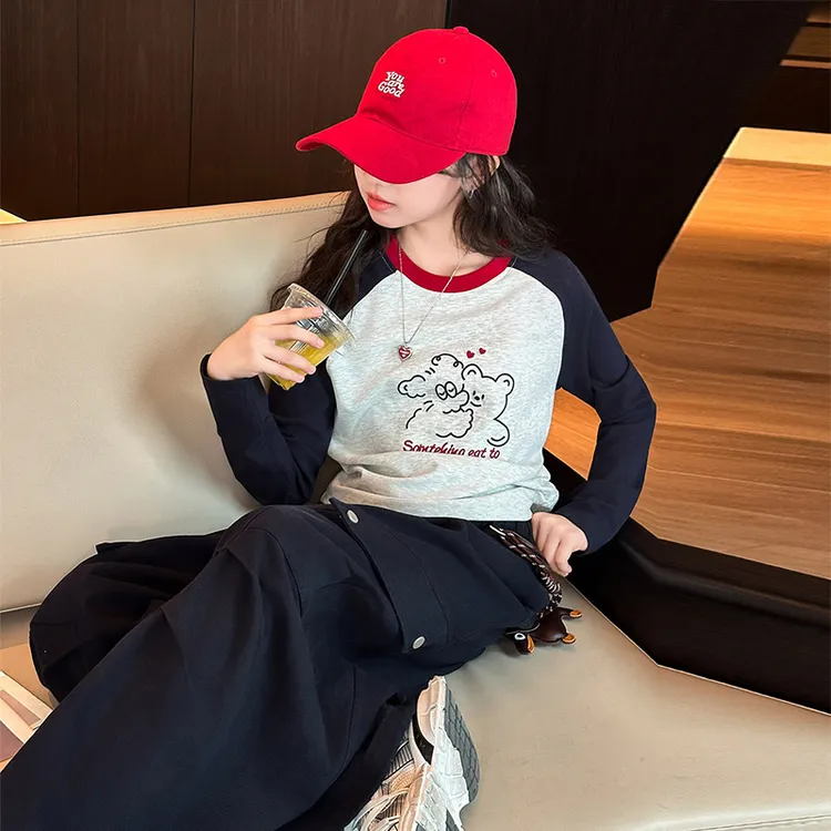 女童秋装T恤2025宽松洋气卡通长袖小熊T恤裤子套装可爱超萌Q1237