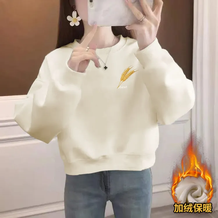 简约印花高腰圆领时尚加绒加厚短款卫衣女士设计感小个子华棉外套
