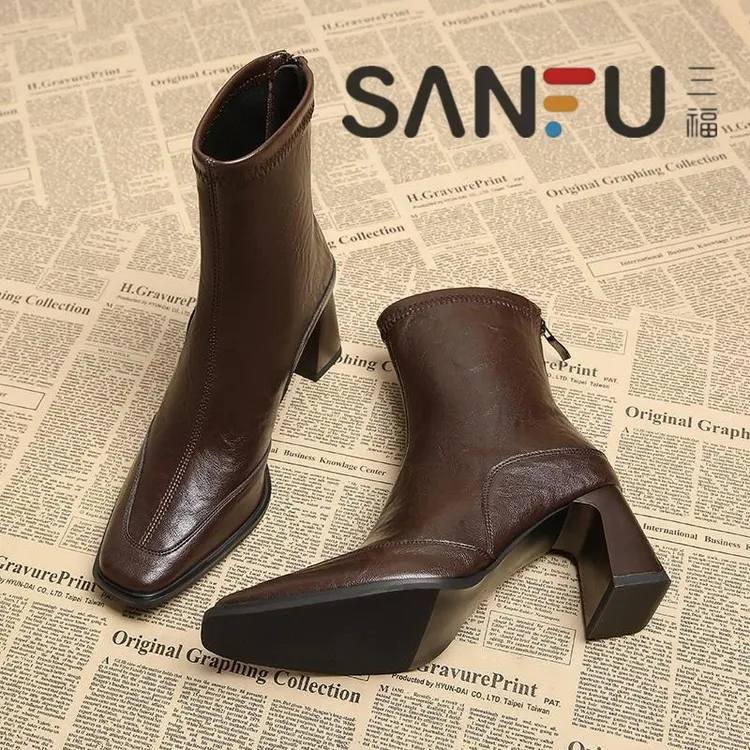 三福真皮时尚高跟短靴弹力瘦瘦靴女后拉链秋冬洋气通勤百搭马丁靴