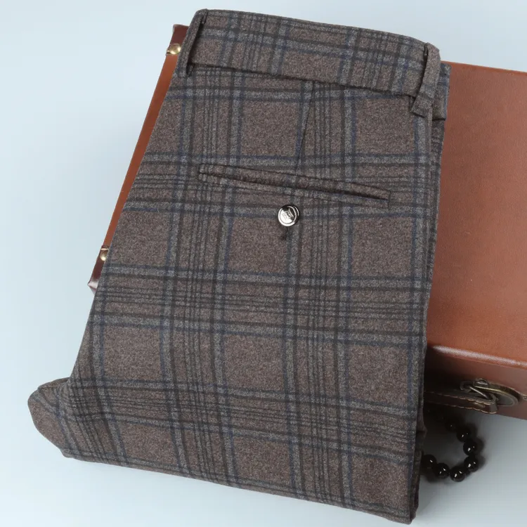 晴旭男士休闲裤冬季中年修身直筒长裤秋季四面弹力毛呢大格子裤男