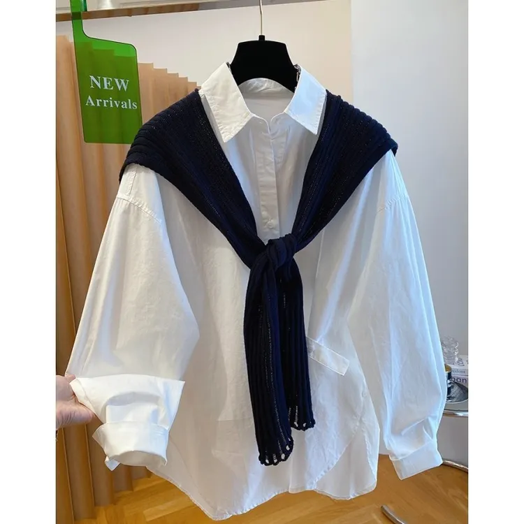 针织披肩长袖衬衫女2025秋季新款高级感宽松慵懒松弛polo翻领上衣