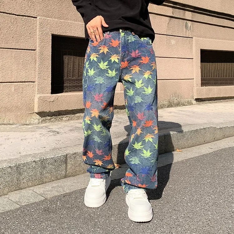 提花美式休闲水洗嘻哈春秋印花复古枫叶提花宽松直筒百搭牛仔长裤