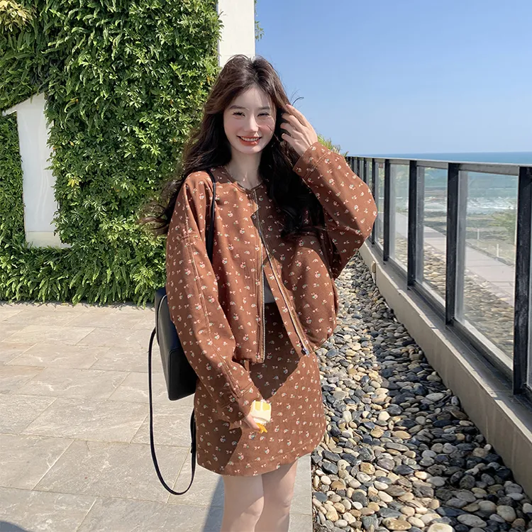 韩系小碎花开衫半身裙套装2025春新款少女感高腰显瘦A字裙两件套