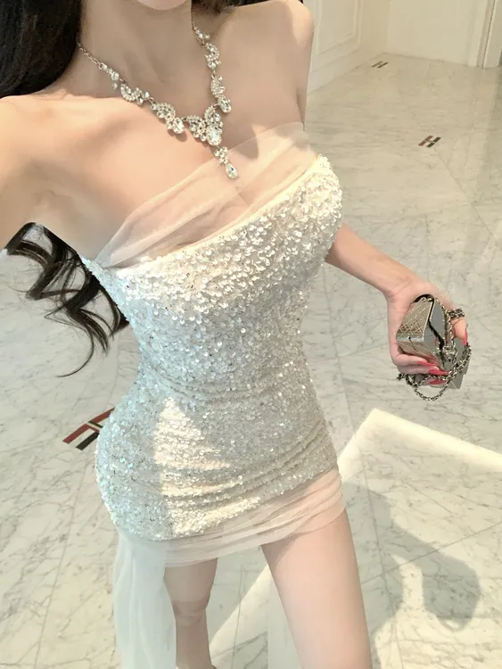 名媛性感重工亮片连衣裙网纱不规则生日宴会修身显瘦抹胸包臀礼服