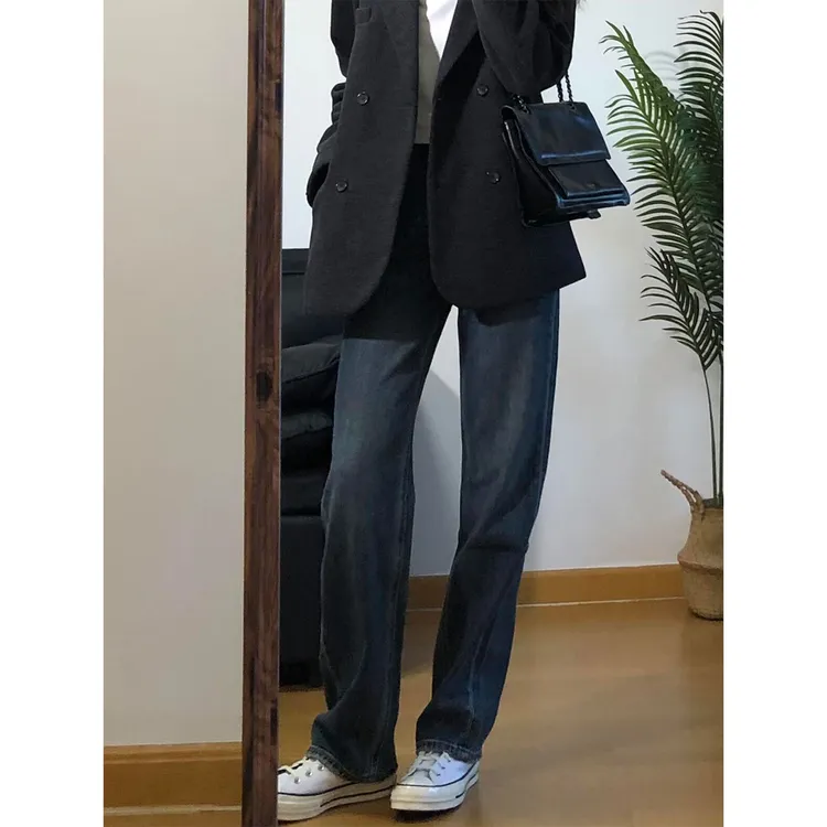 大码蓝灰色窄版高腰遮肉显瘦女牛仔裤冬季款梨形身材加绒百搭长裤