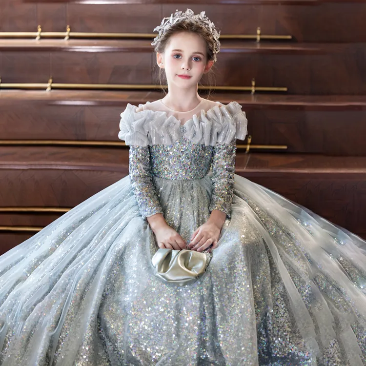 高级感儿童礼服长袖秋冬季12岁小女孩生日宴公主裙主持人童模走秀