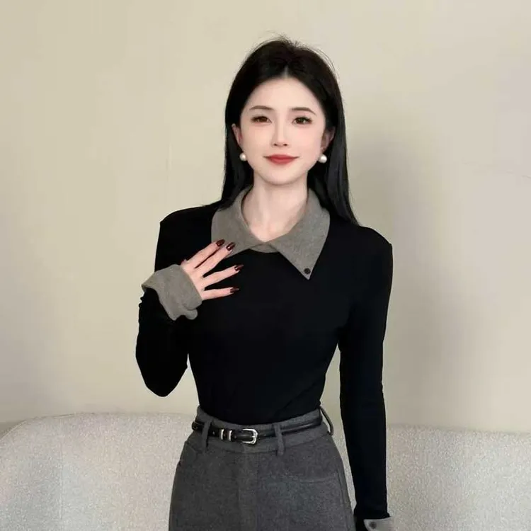 【漫步巴黎】设计感翻领拼接长袖T恤女秋冬加绒加厚打底衫上衣8810