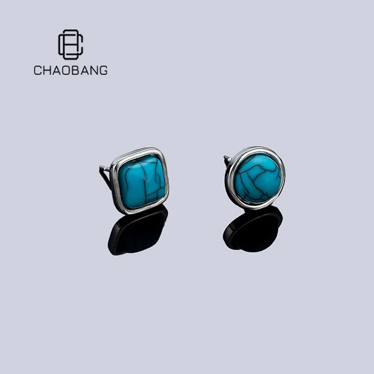 chaobang/潮邦 铜合金耳饰 小众蓝纹耳钉复古百搭耳饰高级感饰品