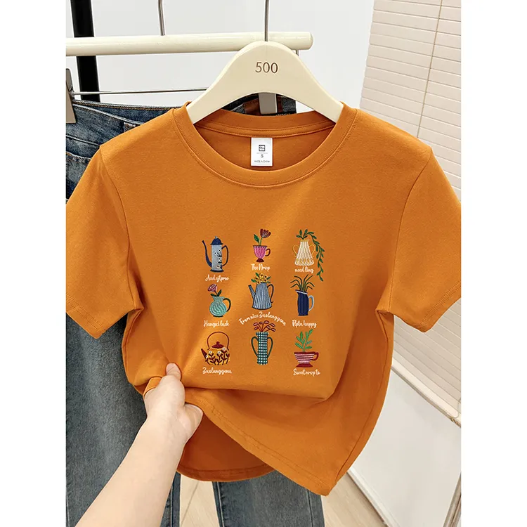 南瓜色时尚正肩短袖t恤女2025年夏季新款大码百搭圆领体恤衫上衣