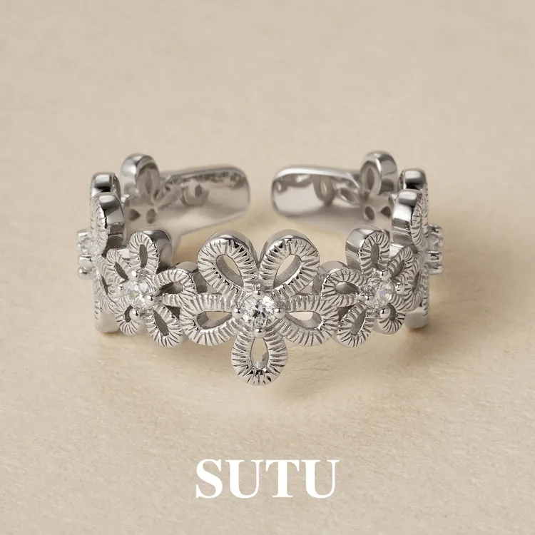 925银合成锆石戒指 蕾丝花朵戒指简约小众气质百搭食指戒时尚指环商品图