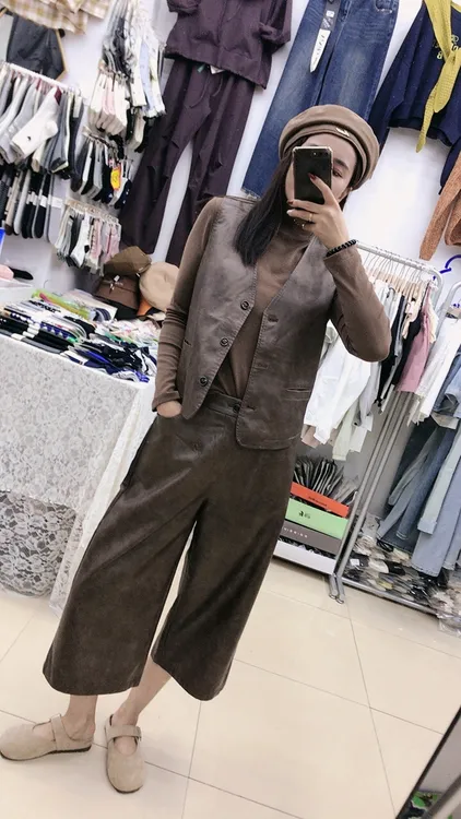 时尚洋气皮马甲阔腿裤套装休闲减龄适合秋冬款