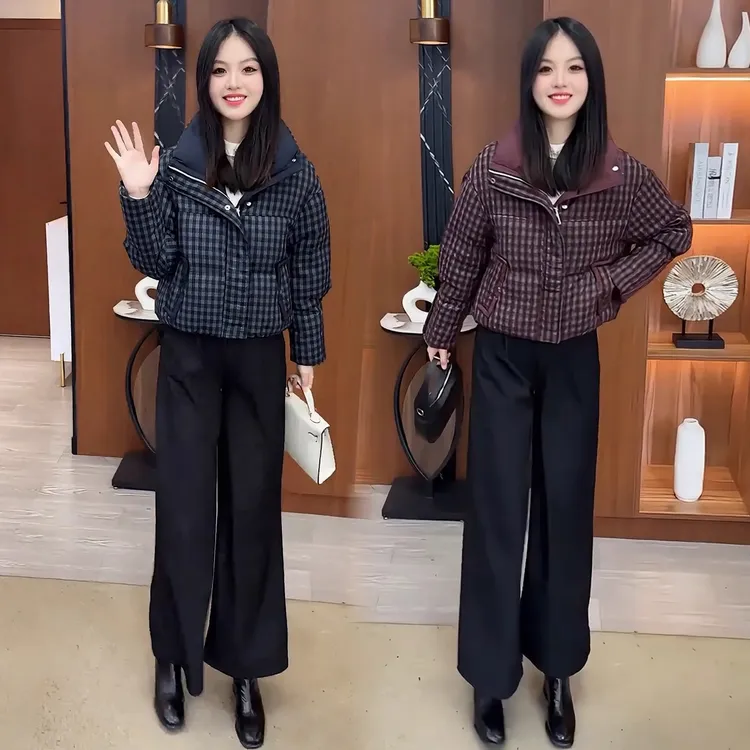 时尚格纹短款棉服女2025冬季新款立领面包服加厚保暖显瘦百搭外套
