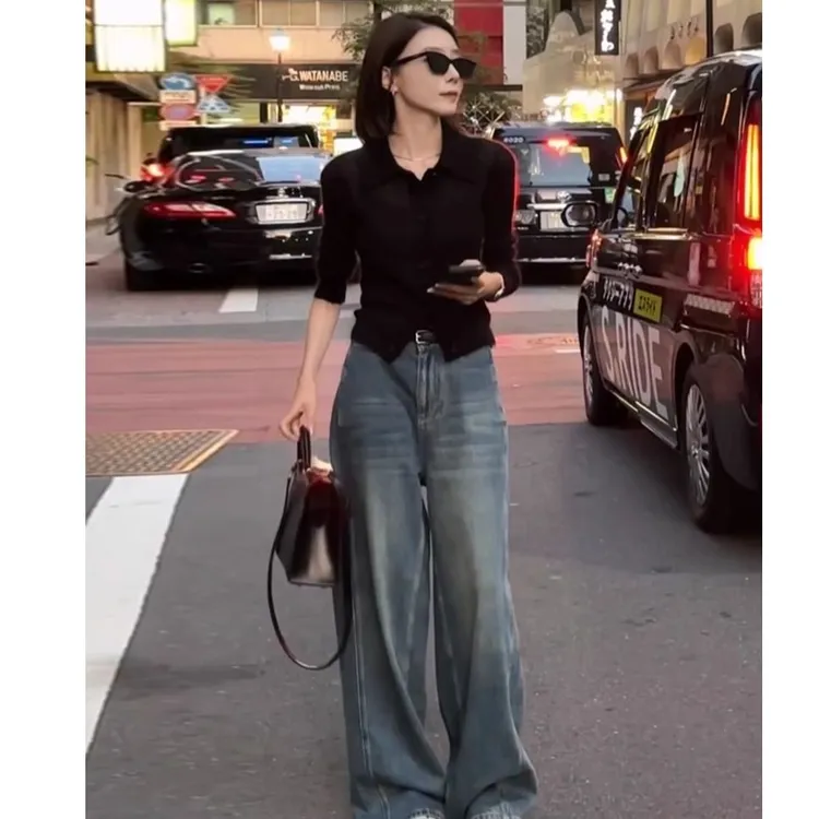 秋冬休闲套装2025韩系高级感黑色polo领针织上衣阔腿牛仔裤两件套