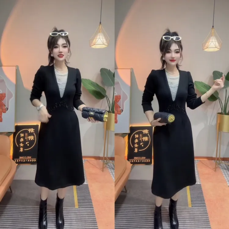 秋季新款收腰显瘦洋气减龄轻奢女人味黑色流苏连衣裙
