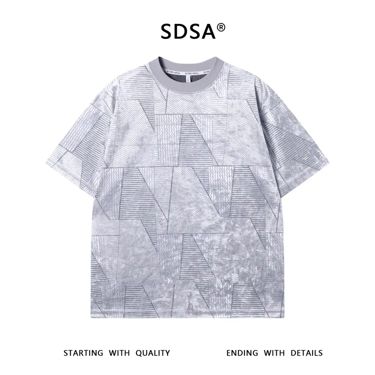 夏季高级感新款美式潮牌提花线条圆领短袖T恤显瘦百搭套头上衣