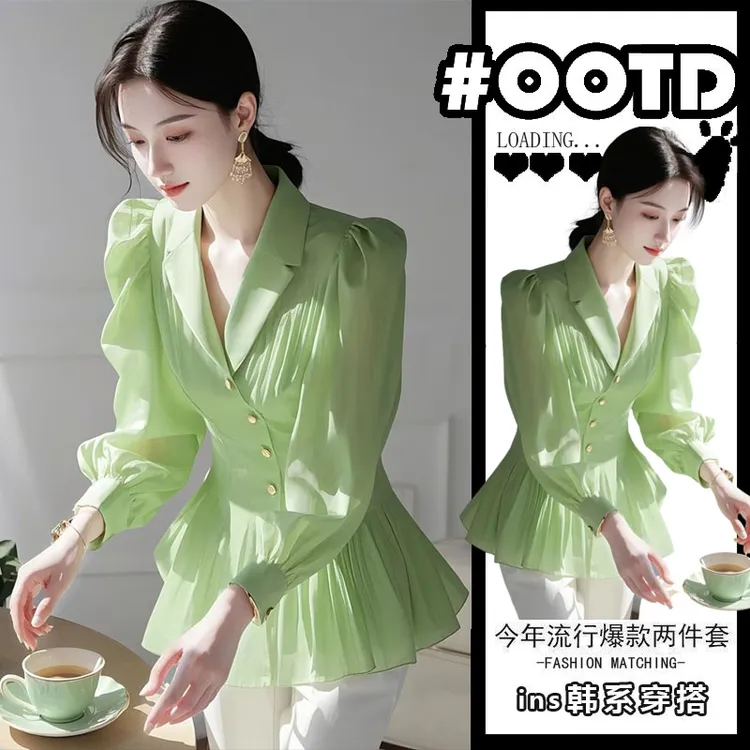 多巴胺绝美小衫女2025超火春季新款法式气质高级感超好看绿色衬衫
