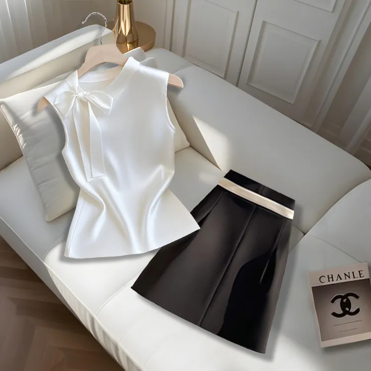 2025夏季新款法式休闲风蝴蝶结设计无袖上衣高腰半身裙时尚两件套