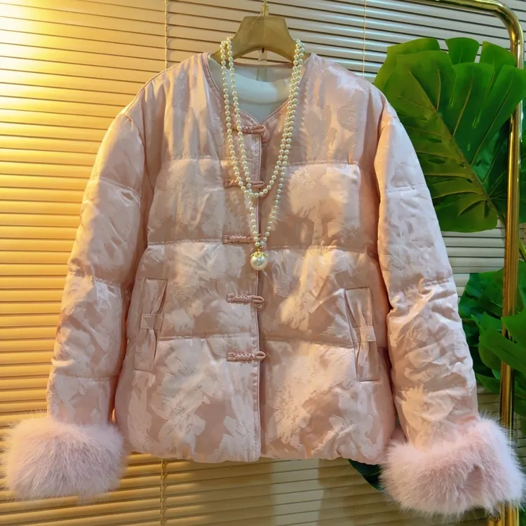 冬季新款欧洲站时尚减龄洋气百搭潮流中国风毛毛袖口保暖棉服