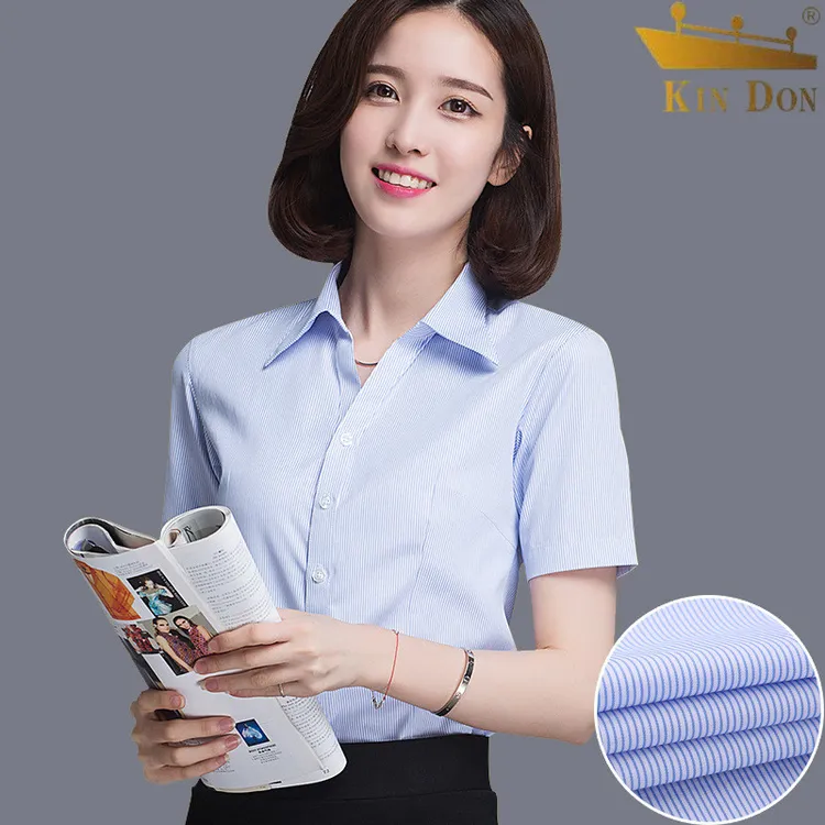 金盾夏季女士短袖商务白色衬衫蓝显瘦免烫职业装V领修身工装衬衣