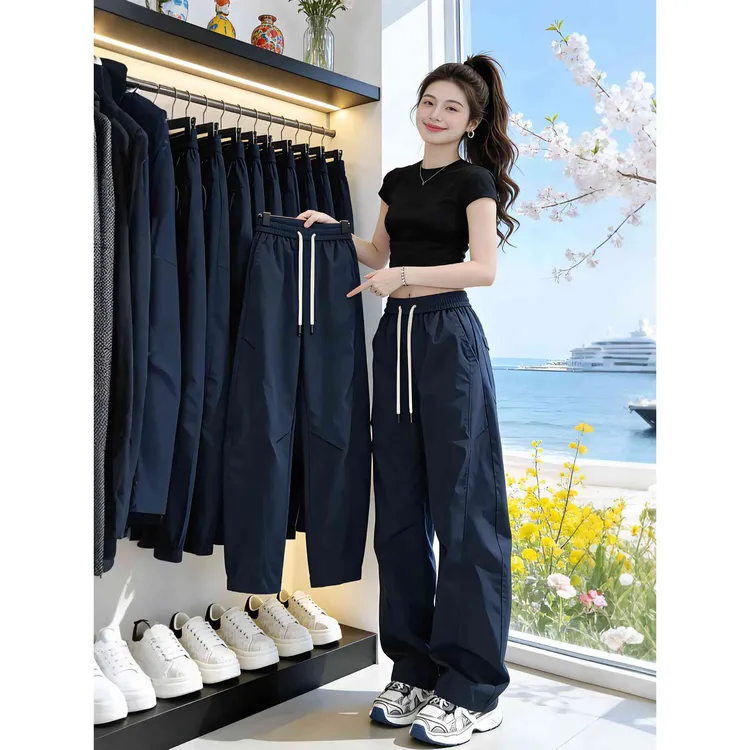 藏青色美式斜切冲锋裤男女款夏季防水防风直筒户外休闲商品图