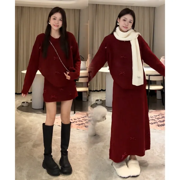 新年红色复古穿搭毛衣连衣裙子女秋冬小个子韩系氛围感穿搭一整套