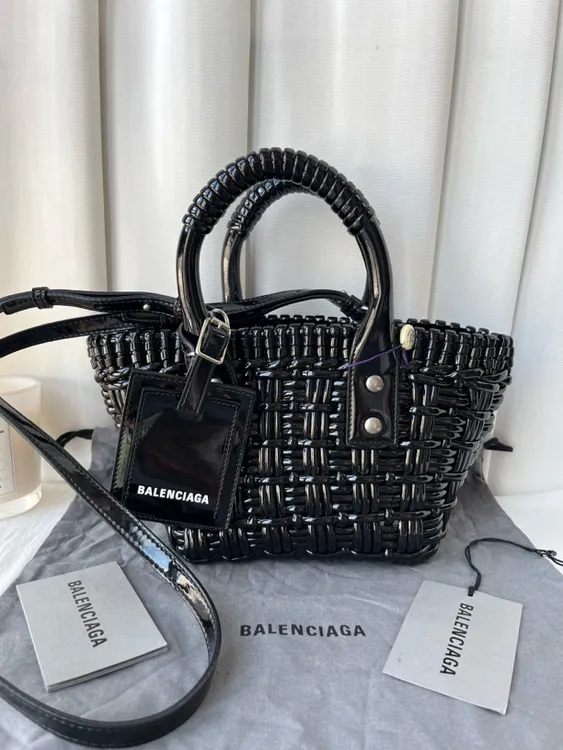 95新 Balenciaga/巴黎世家 黑色编织菜篮子手提包单肩斜挎包