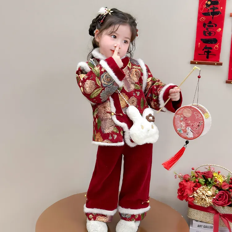 女童套装秋冬季加绒儿童冬装喜庆红色拜年服宝宝汉服过年新年衣服