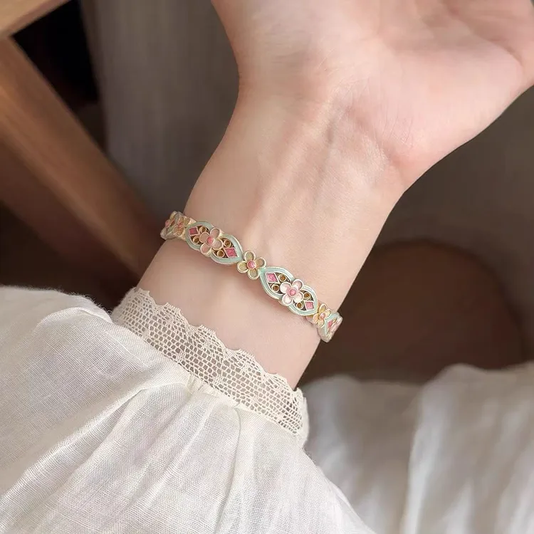 足银手镯 A67足银9999花满筑银手镯国风新中式宫廷珐琅彩女重工款