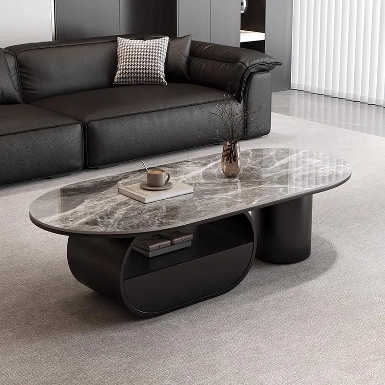 轻奢意大利灰岩板茶几家用小户型椭圆形带抽屉创意简约茶几桌组合