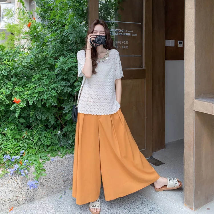 度假风镂空针织上衣阔腿裤套装2025夏季新款复古氛围感显瘦两件套
