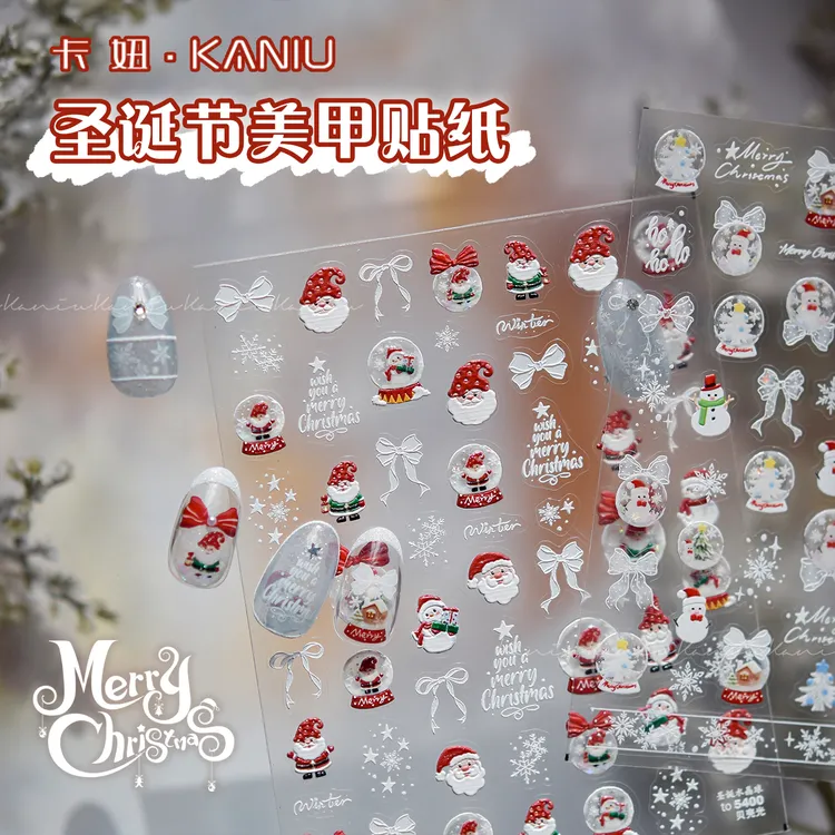 圣诞节浮雕美甲贴纸新款卡通可爱雪人梦幻麋鹿铃铛立体指甲装饰品