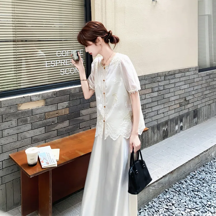 优雅气质蕾丝提花短袖半身裙套装2025夏季新款氛围感温柔风两件套