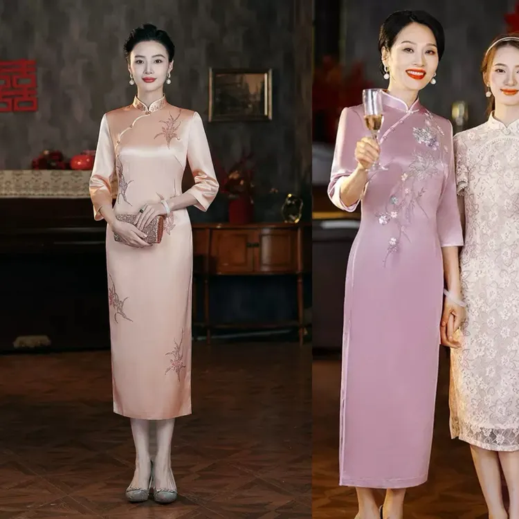 【正品苏绣】喜妈妈婚宴香槟粉三醋酸喜婆婆旗袍礼服年轻时尚日常N