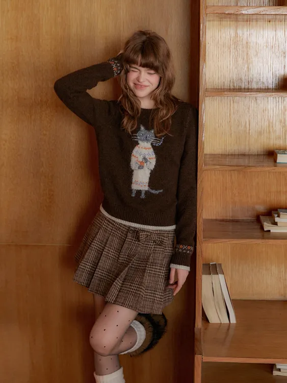 【费尔岛小猫】提花秋冬混纺针织修身费尔岛毛衣