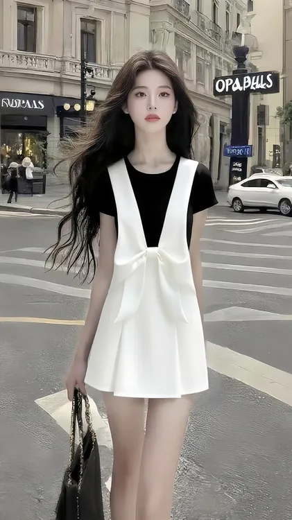 夏季时尚新款黑色圆领短袖白色设计感两件套女气质显瘦高级感女装