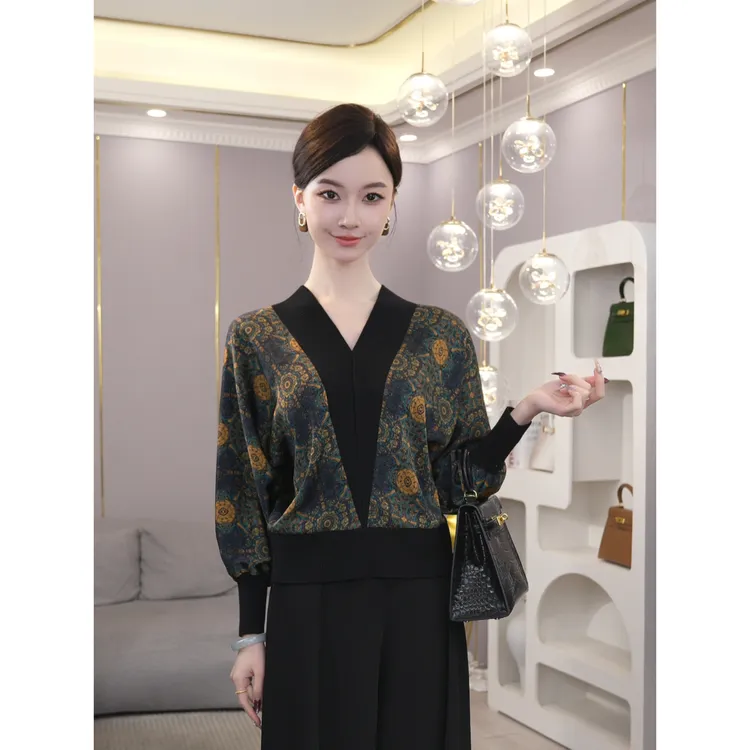 2026秋冬新款【8046】V领设计小众中国风图腾印花长袖衬衫套头上衣