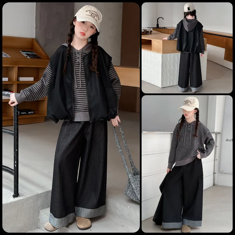 女童秋装套装2025新款洋气中大童皮马甲条纹毛衣牛仔阔腿裤三件套